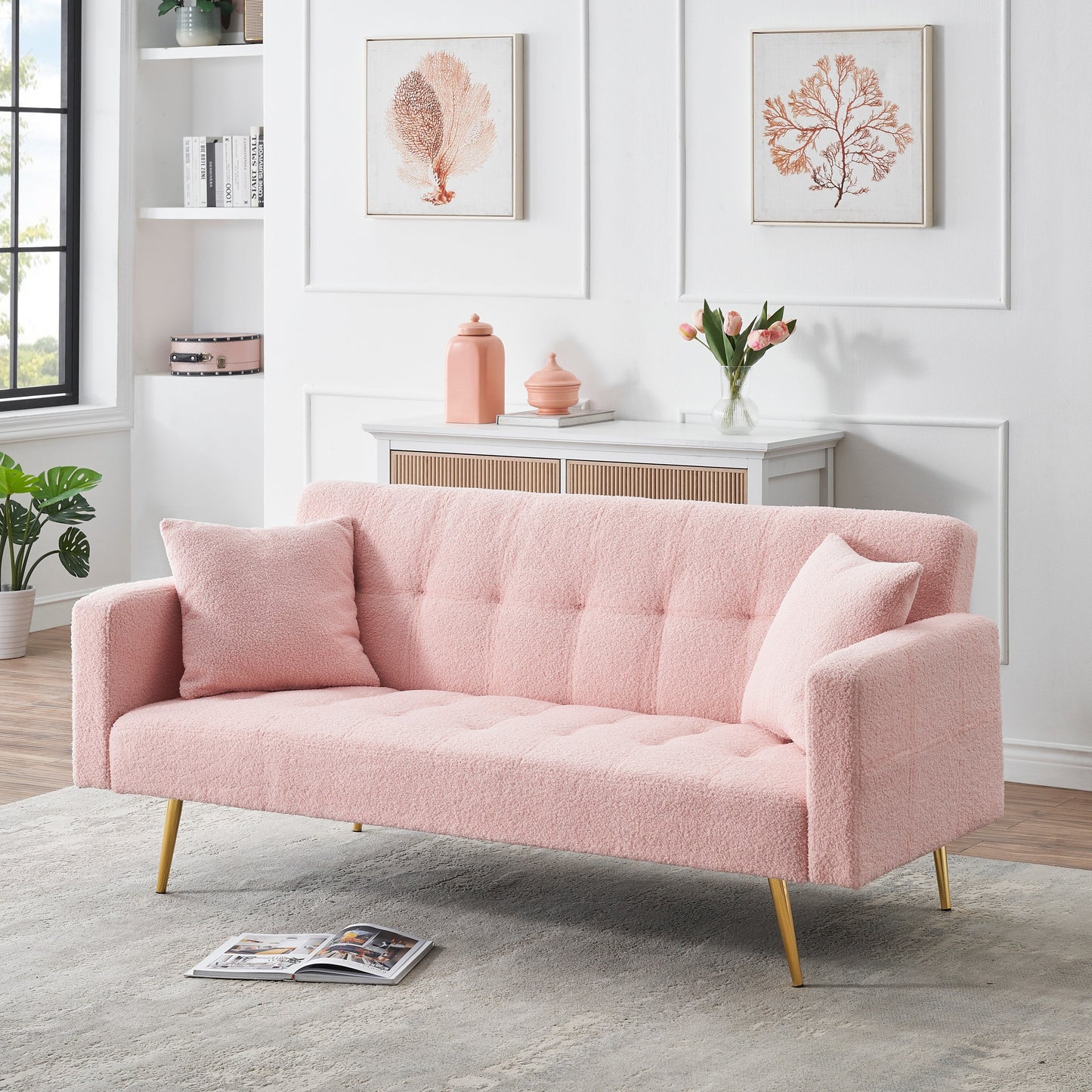 Pink 71.7 Teddy Fleece Convertible Loveseat Sofa Bed with Adjustable Backrest and 2 Pillows for Living Room