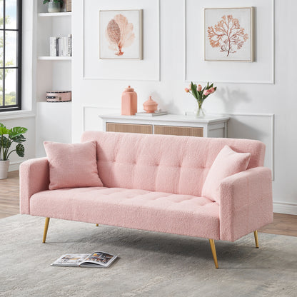 Pink 71.7 Teddy Fleece Convertible Loveseat Sofa Bed with Adjustable Backrest and 2 Pillows for Living Room