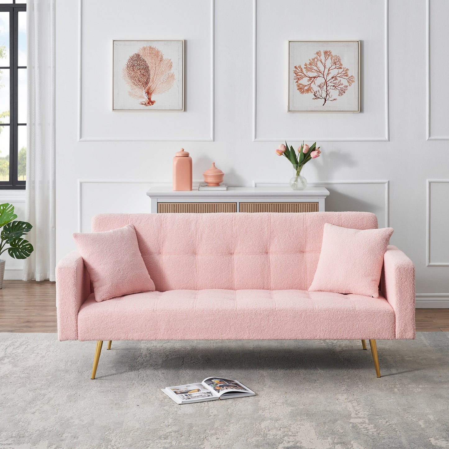 Pink 71.7 Teddy Fleece Convertible Loveseat Sofa Bed with Adjustable Backrest and 2 Pillows for Living Room