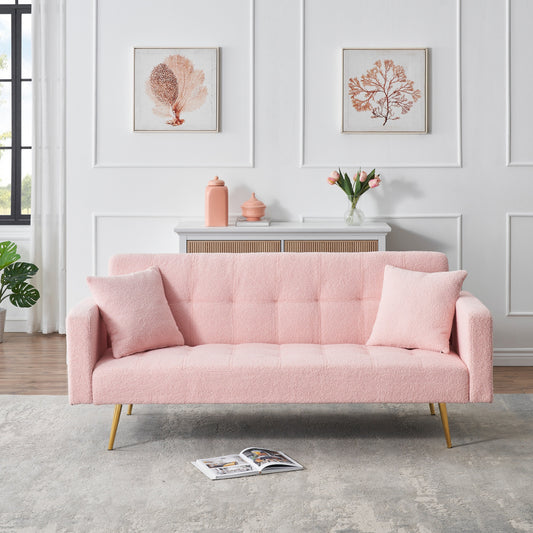 Pink 71.7 Teddy Fleece Convertible Loveseat Sofa Bed with Adjustable Backrest and 2 Pillows for Living Room