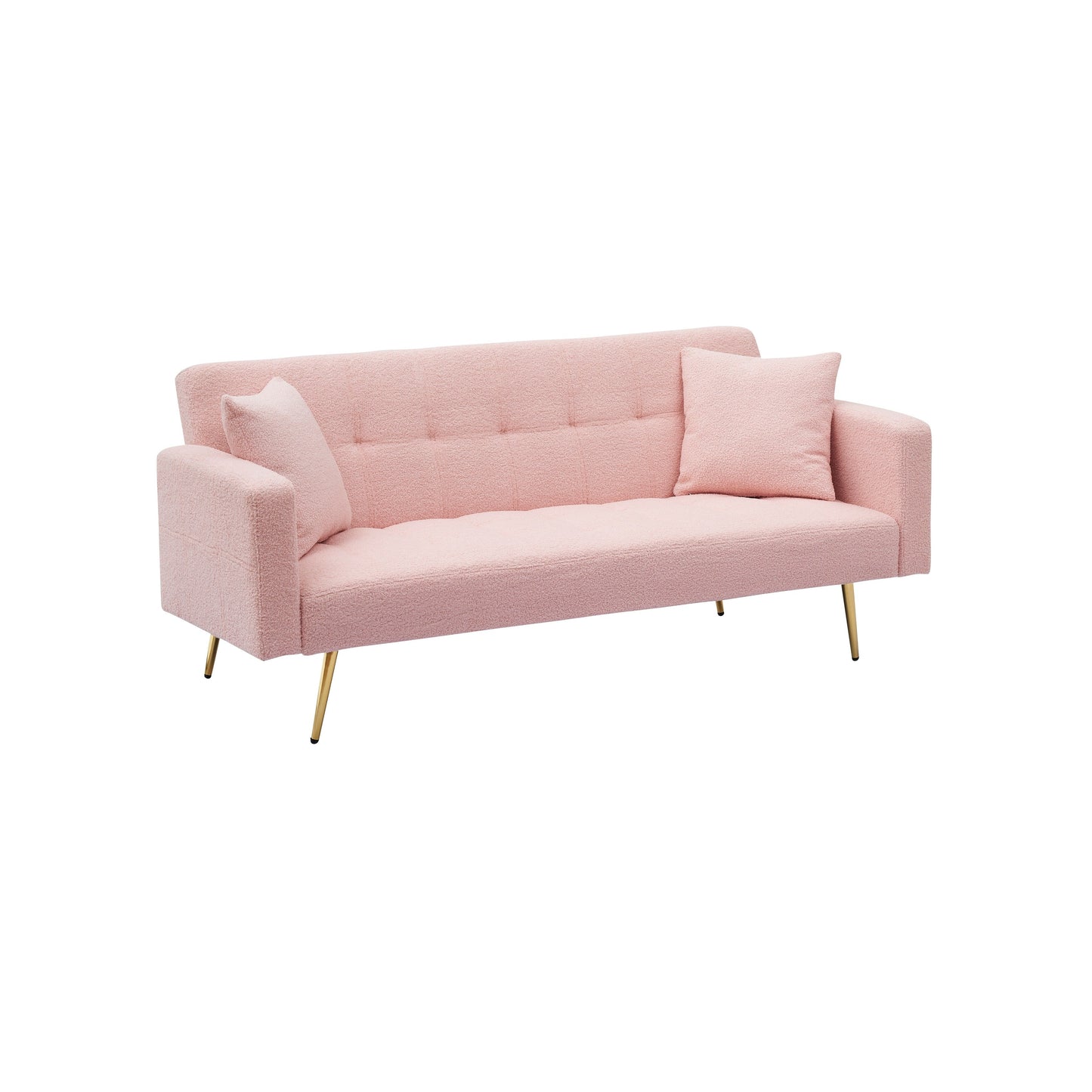 Pink 71.7 Teddy Fleece Convertible Loveseat Sofa Bed with Adjustable Backrest and 2 Pillows for Living Room