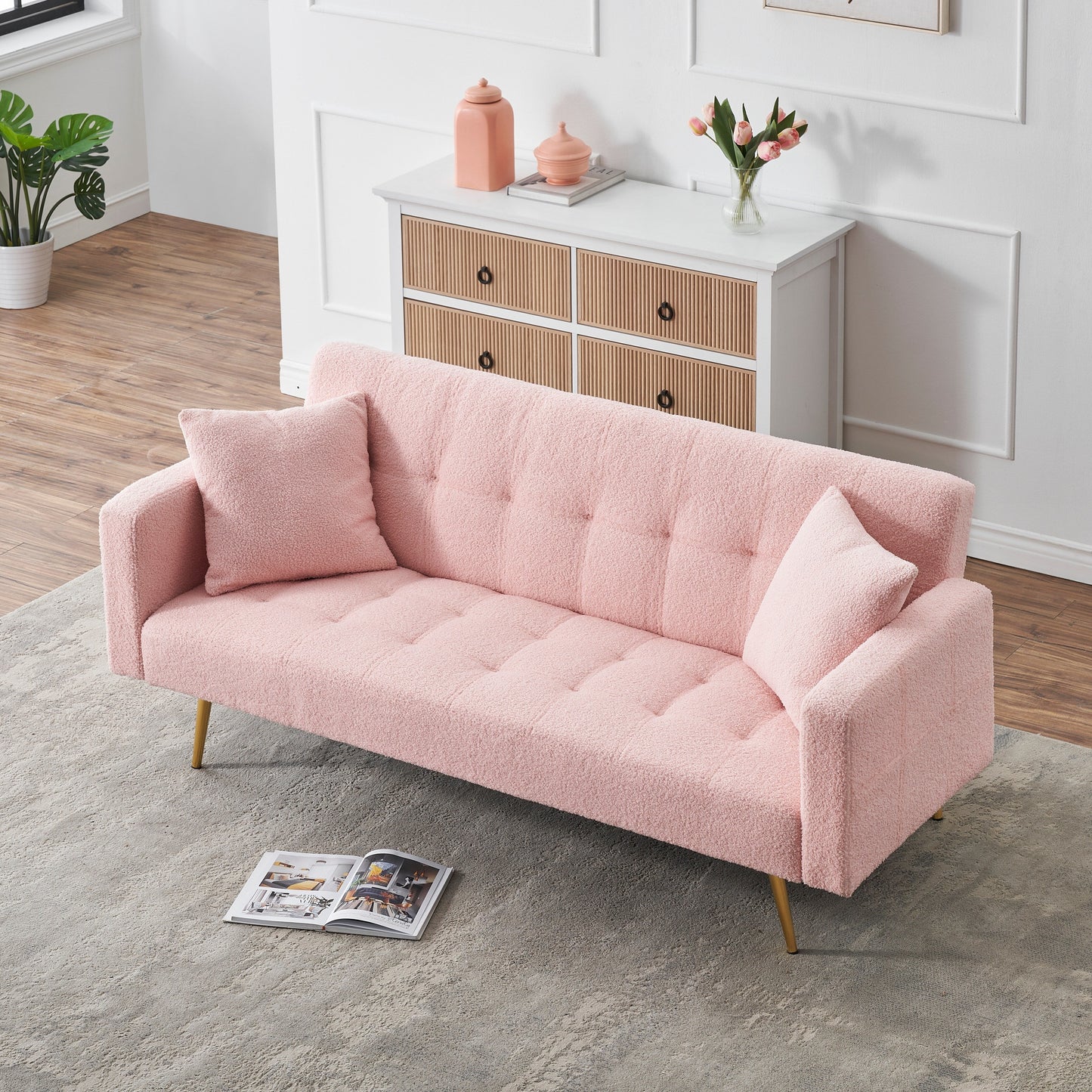 Pink 71.7 Teddy Fleece Convertible Loveseat Sofa Bed with Adjustable Backrest and 2 Pillows for Living Room