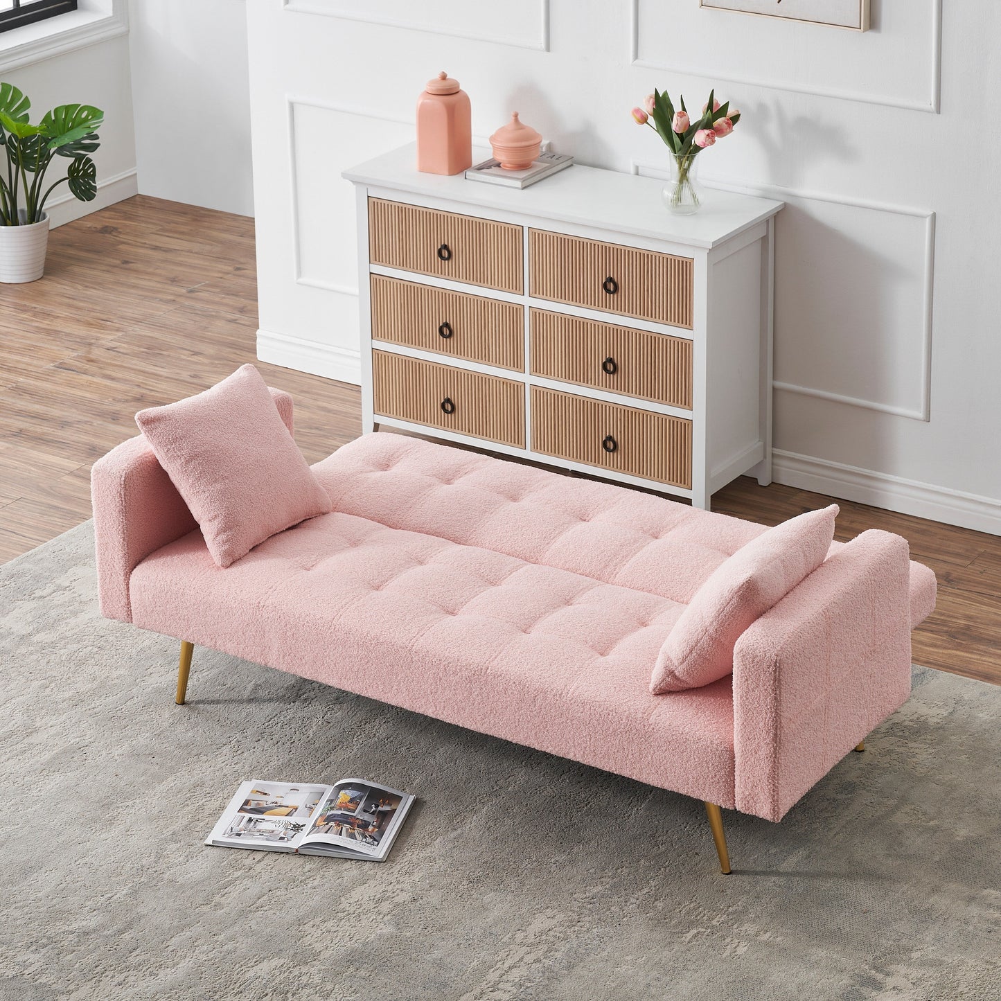 Pink 71.7 Teddy Fleece Convertible Loveseat Sofa Bed with Adjustable Backrest and 2 Pillows for Living Room