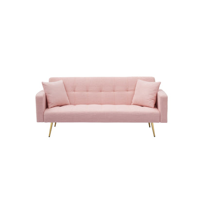 Pink 71.7 Teddy Fleece Convertible Loveseat Sofa Bed with Adjustable Backrest and 2 Pillows for Living Room