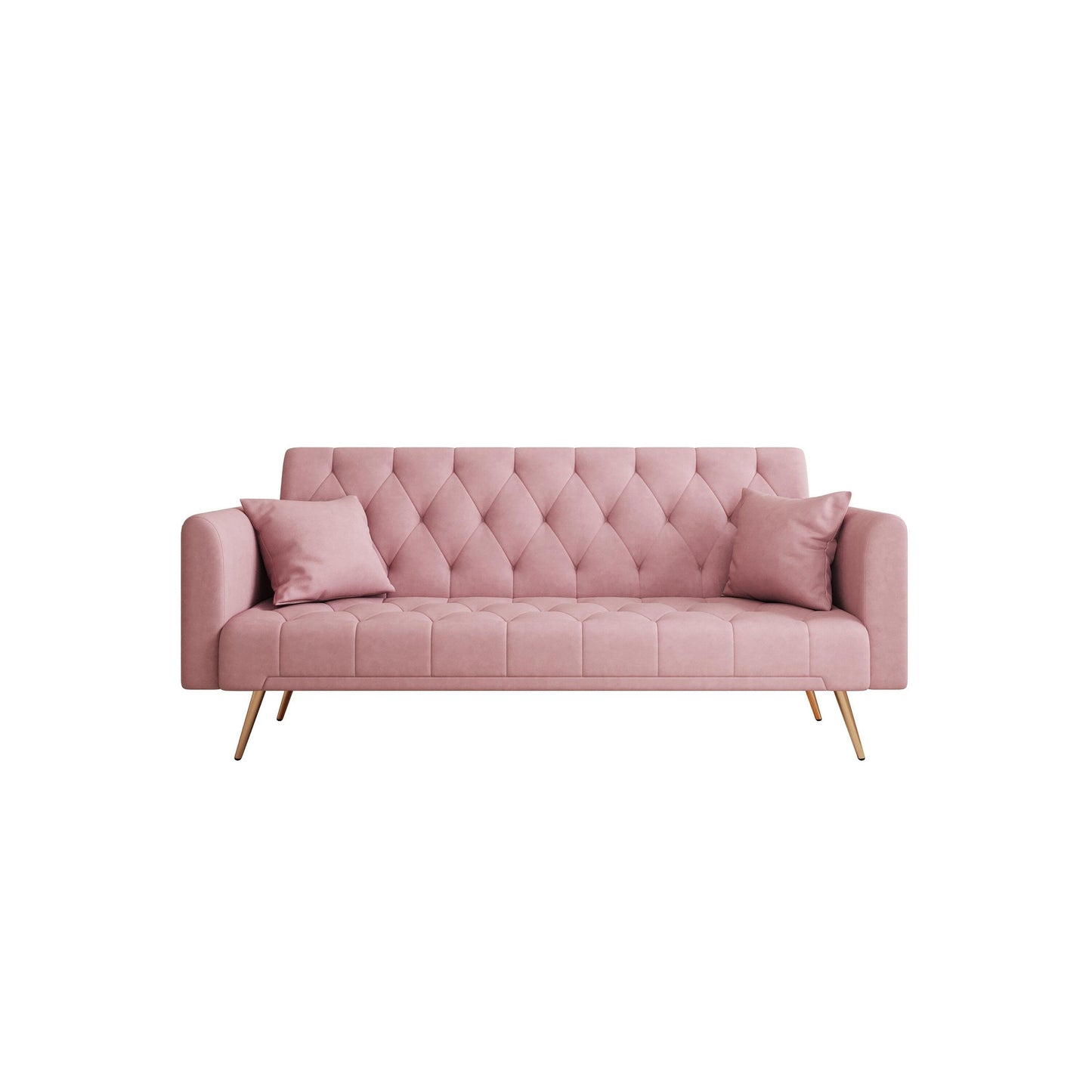 Pink 71 Velvet Convertible 3-seater Sofa Bed with Two Throw Pillows and Metal Legs for Living Room