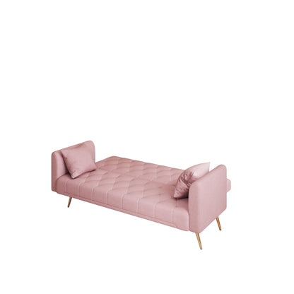 Pink 71 Velvet Convertible 3-seater Sofa Bed with Two Throw Pillows and Metal Legs for Living Room
