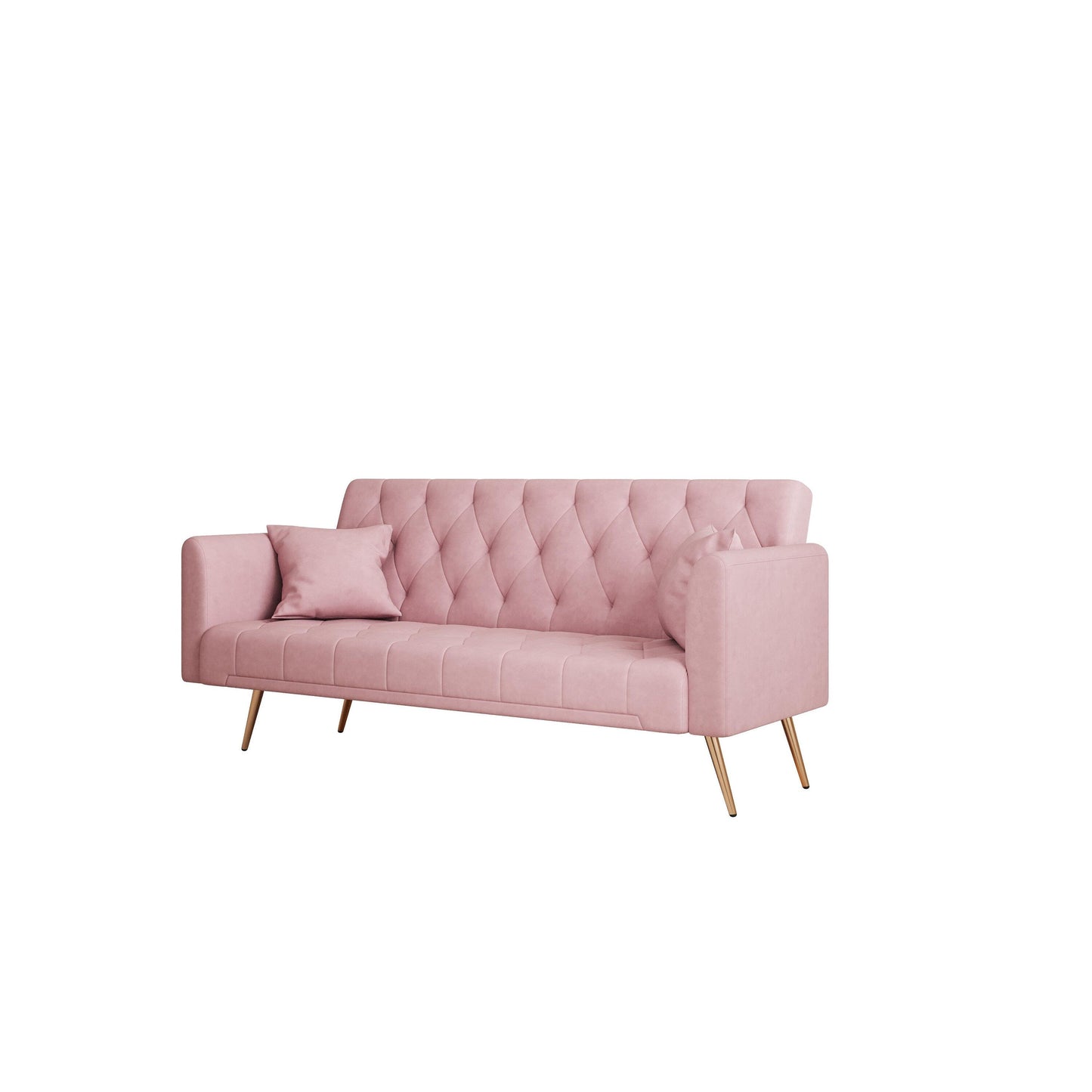 Pink 71 Velvet Convertible 3-seater Sofa Bed with Two Throw Pillows and Metal Legs for Living Room