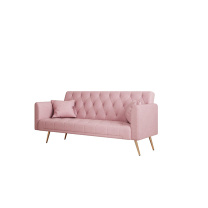 Pink 71 Velvet Convertible 3-seater Sofa Bed with Two Throw Pillows and Metal Legs for Living Room