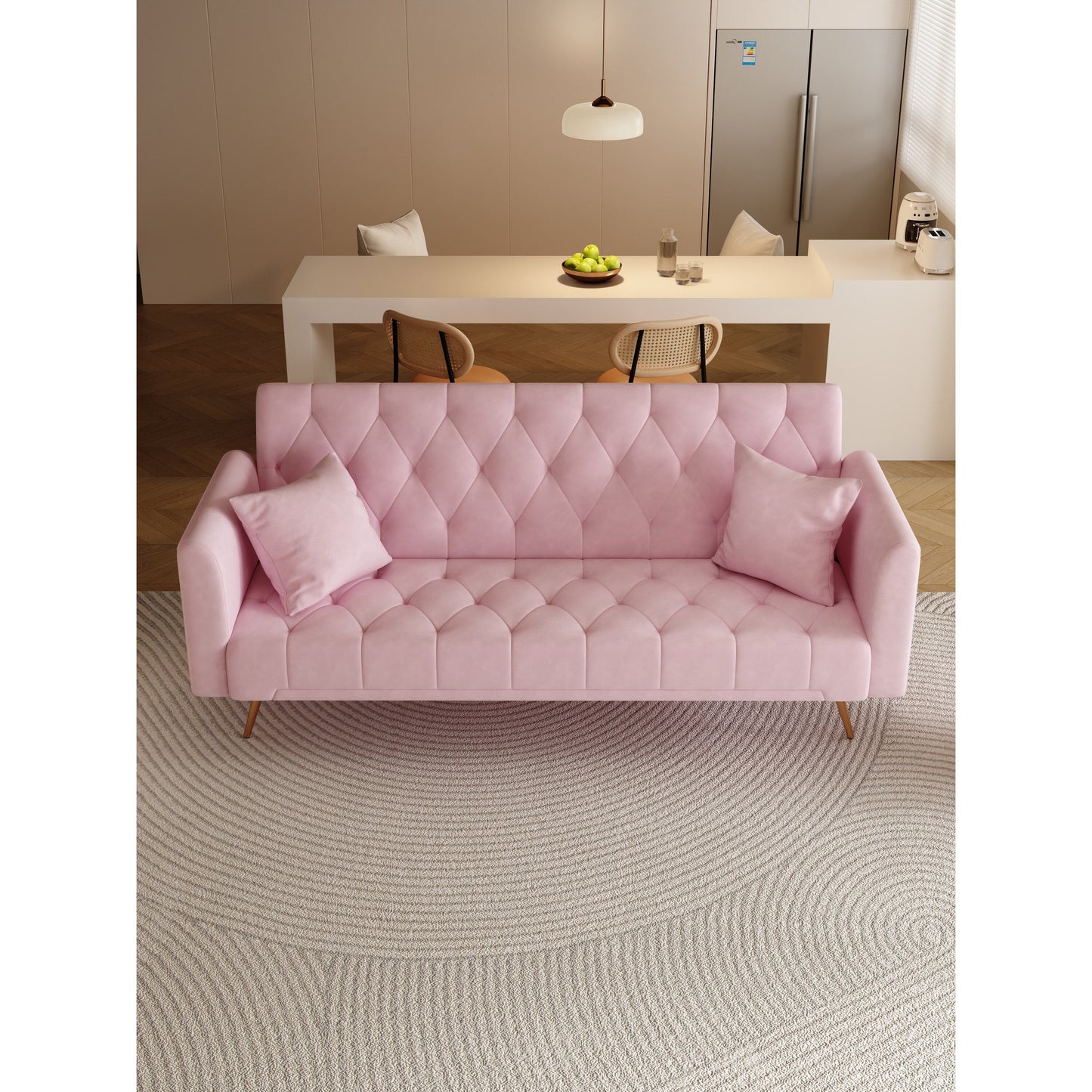 Pink 71 Velvet Convertible 3-seater Sofa Bed with Two Throw Pillows and Metal Legs for Living Room