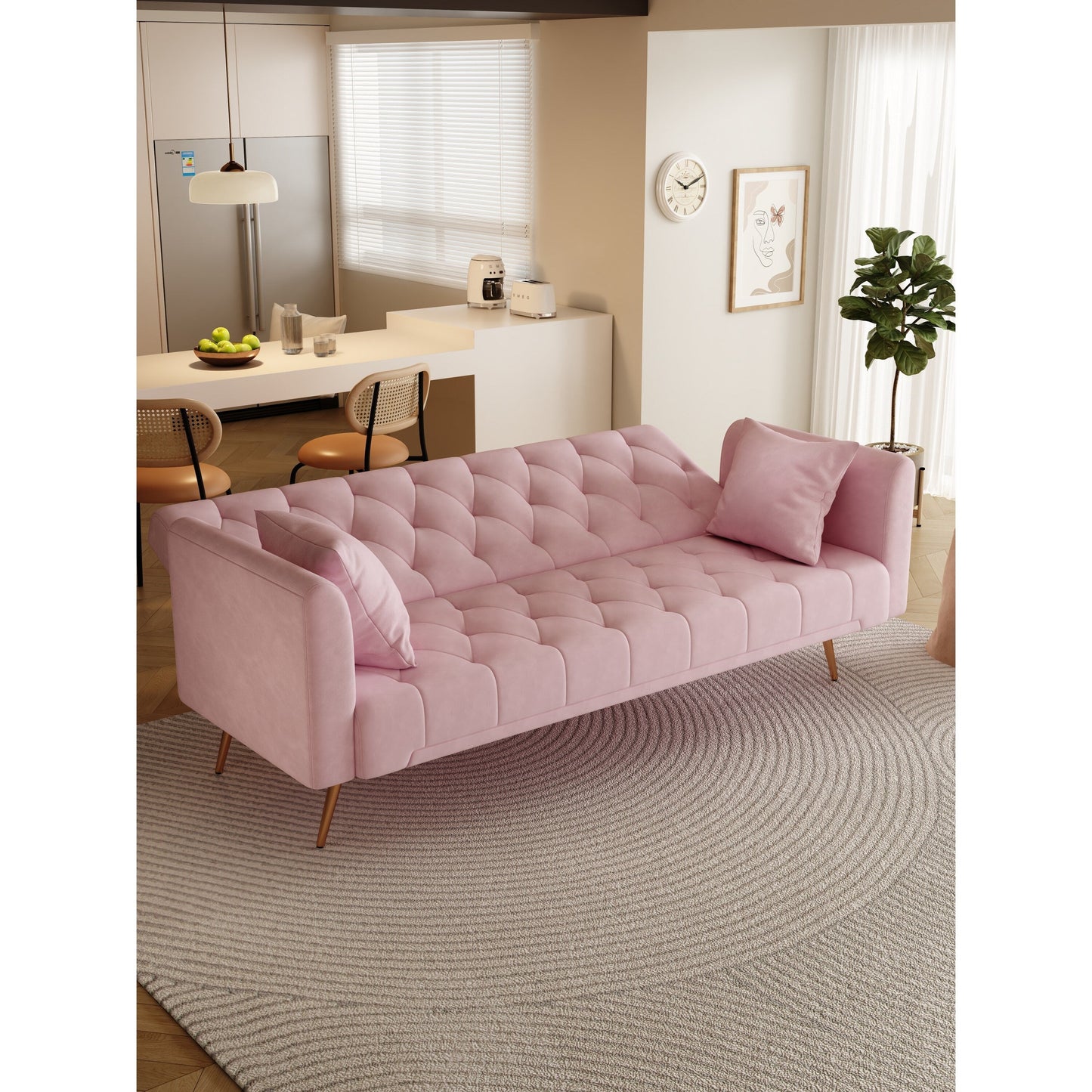 Pink 71 Velvet Convertible 3-seater Sofa Bed with Two Throw Pillows and Metal Legs for Living Room