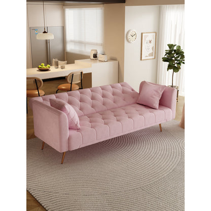 Pink 71 Velvet Convertible 3-seater Sofa Bed with Two Throw Pillows and Metal Legs for Living Room