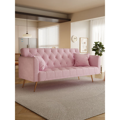 Pink 71 Velvet Convertible 3-seater Sofa Bed with Two Throw Pillows and Metal Legs for Living Room