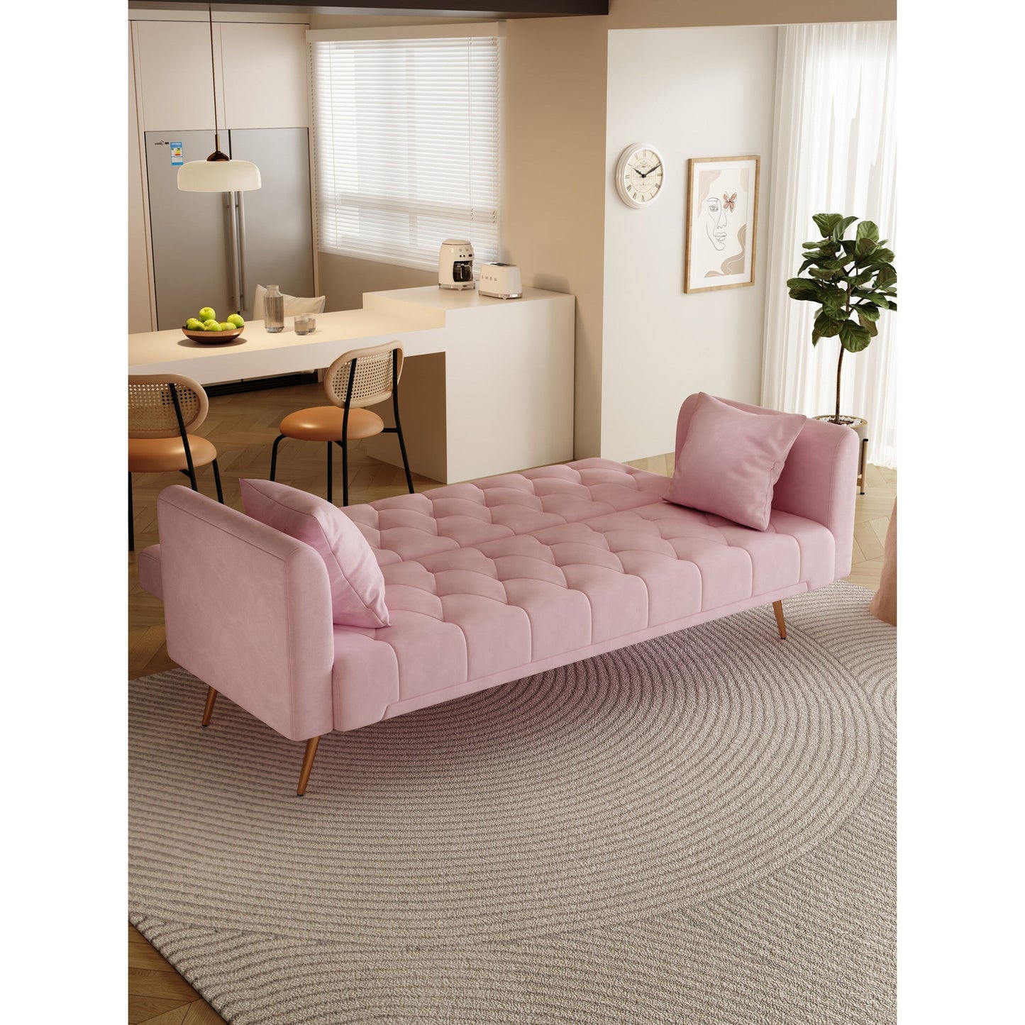Pink 71 Velvet Convertible 3-seater Sofa Bed with Two Throw Pillows and Metal Legs for Living Room