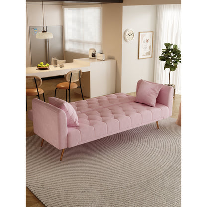 Pink 71 Velvet Convertible 3-seater Sofa Bed with Two Throw Pillows and Metal Legs for Living Room