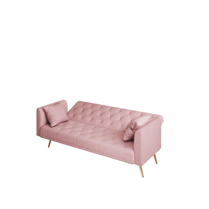 Pink 71 Velvet Convertible 3-seater Sofa Bed with Two Throw Pillows and Metal Legs for Living Room
