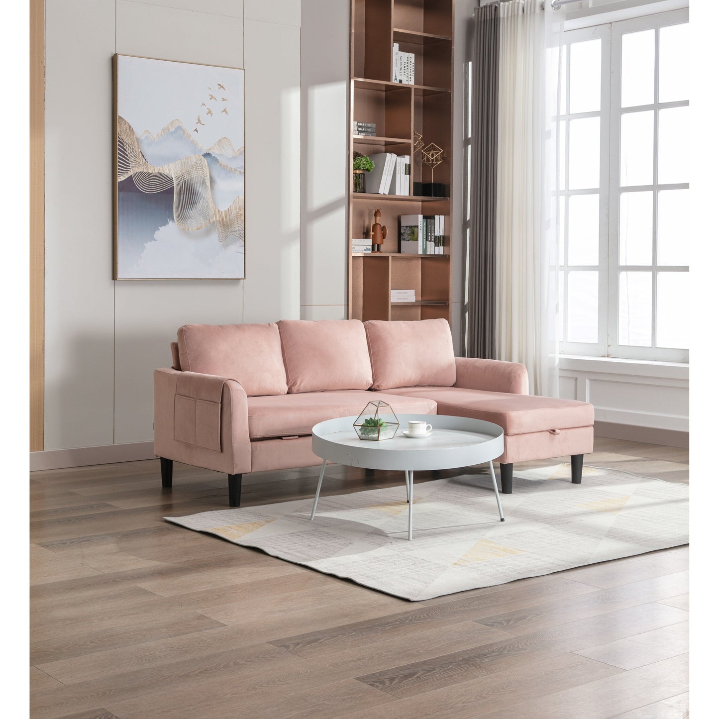 Pink 72.4'' Polyester 3-Seater Sectional Sofa with Pull-Out Bed, Storage Chaise, and 3 Decorative Pillows