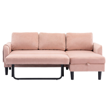 Pink 72.4'' Polyester L-Shaped 3 Seat Sectional Sofa with Storage Chaise and Pull-Out Bed and Throw Pillows