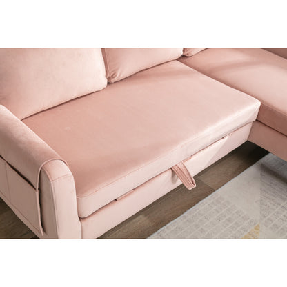 Pink 72.4'' Polyester L-Shaped 3 Seat Sectional Sofa with Storage Chaise and Pull-Out Bed and Throw Pillows