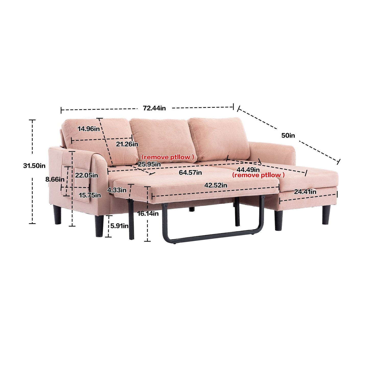 Pink 72.4'' Polyester L-Shaped 3 Seat Sectional Sofa with Storage Chaise and Pull-Out Bed and Throw Pillows