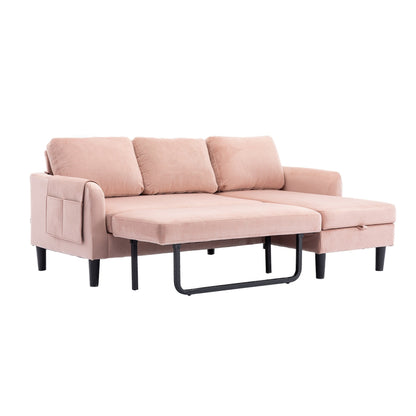 Pink 72.4'' Polyester L-Shaped 3 Seat Sectional Sofa with Storage Chaise and Pull-Out Bed and Throw Pillows