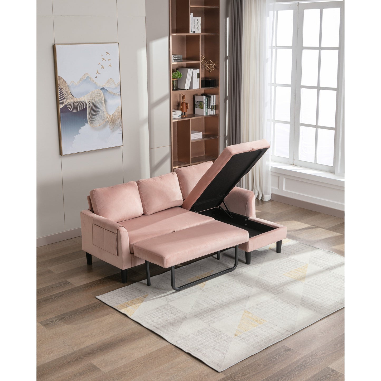 Pink 72.4'' Polyester Sectional Sofa with Pull-Out Bed