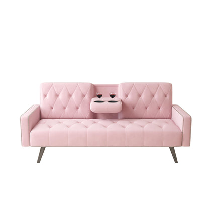 Pink 72 Velvet 3-seater Sofa Bed with Nailhead and Cup Holders for Living Room