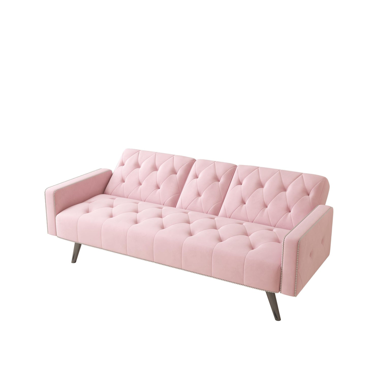 Pink 72 Velvet 3-seater Sofa Bed with Nailhead and Cup Holders for Living Room