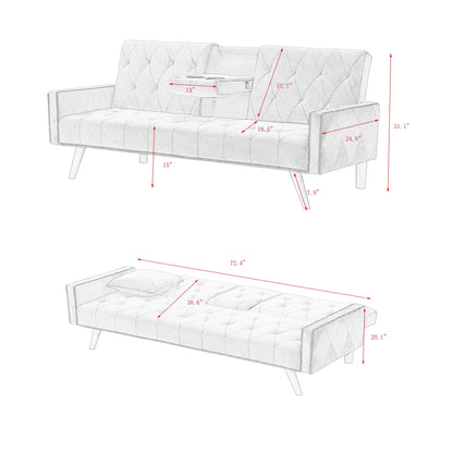 Pink 72 Velvet 3-seater Sofa Bed with Nailhead and Cup Holders for Living Room