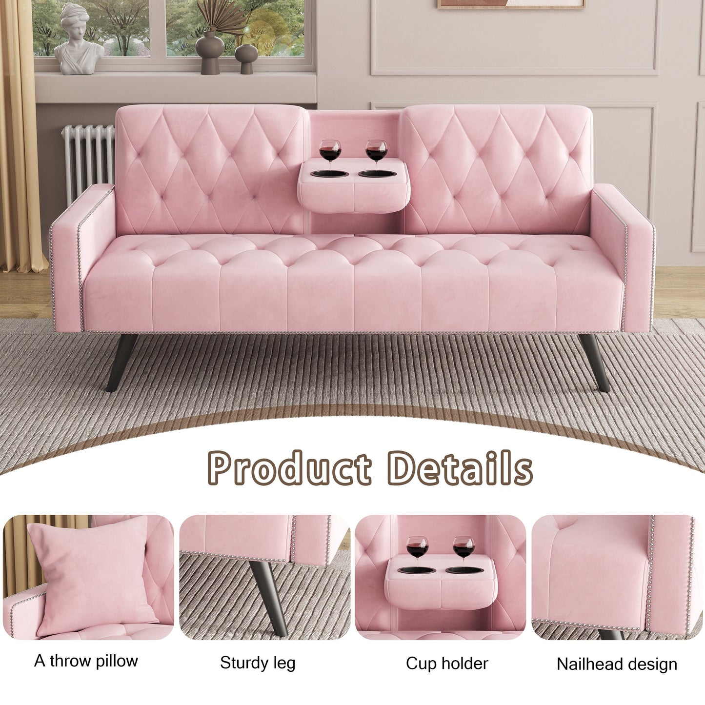Pink 72 Velvet 3-seater Sofa Bed with Nailhead and Cup Holders for Living Room