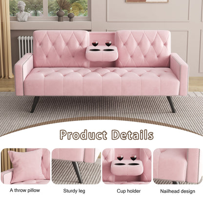 Pink 72 Velvet 3-seater Sofa Bed with Nailhead and Cup Holders for Living Room