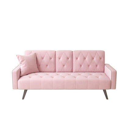 Pink 72 Velvet 3-seater Sofa Bed with Nailhead and Cup Holders for Living Room
