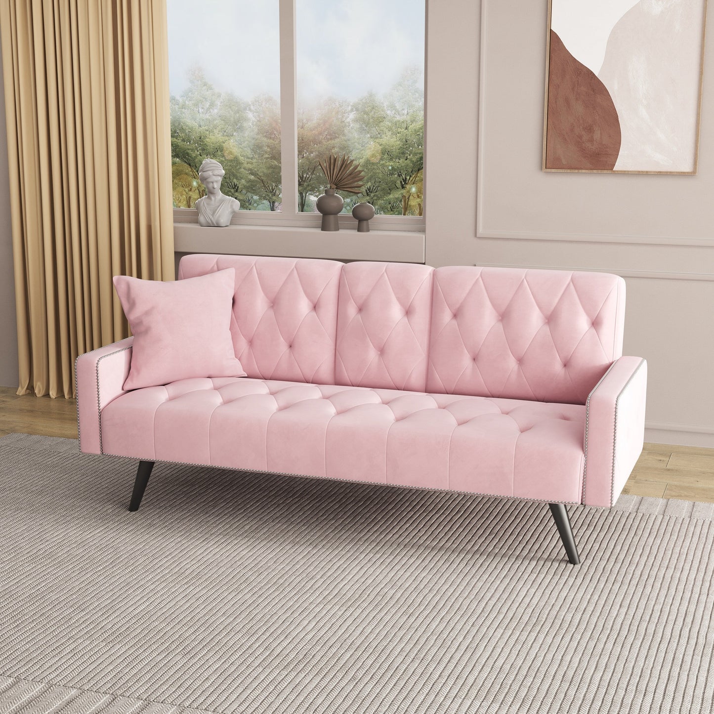 Pink 72 Velvet 3-seater Sofa Bed with Nailhead and Cup Holders for Living Room