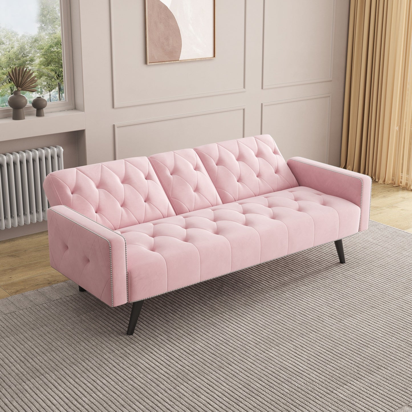 Pink 72 Velvet 3-seater Sofa Bed with Nailhead and Cup Holders for Living Room