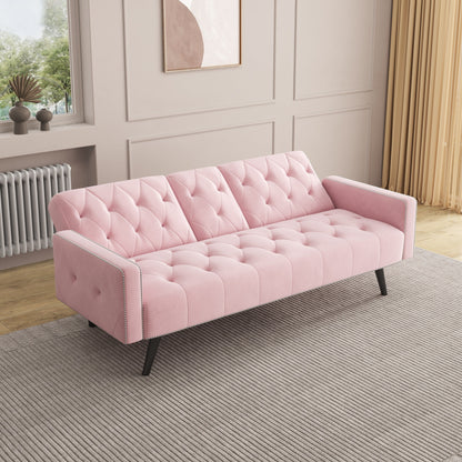 Pink 72 Velvet 3-seater Sofa Bed with Nailhead and Cup Holders for Living Room
