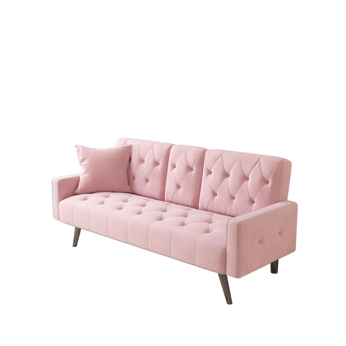 Pink 72 Velvet 3-seater Sofa Bed with Nailhead and Cup Holders for Living Room