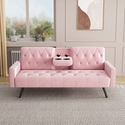 Pink 72 Velvet 3-seater Sofa Bed with Nailhead and Cup Holders for Living Room