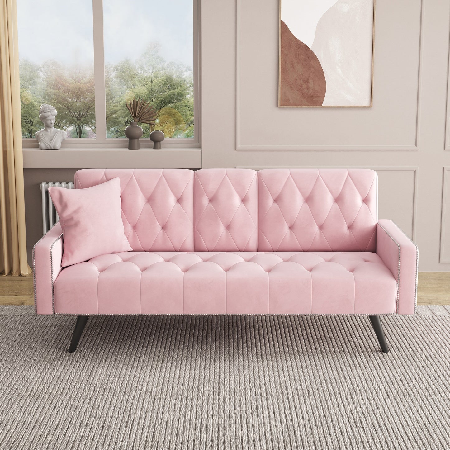 Pink 72 Velvet 3-seater Sofa Bed with Nailhead and Cup Holders for Living Room