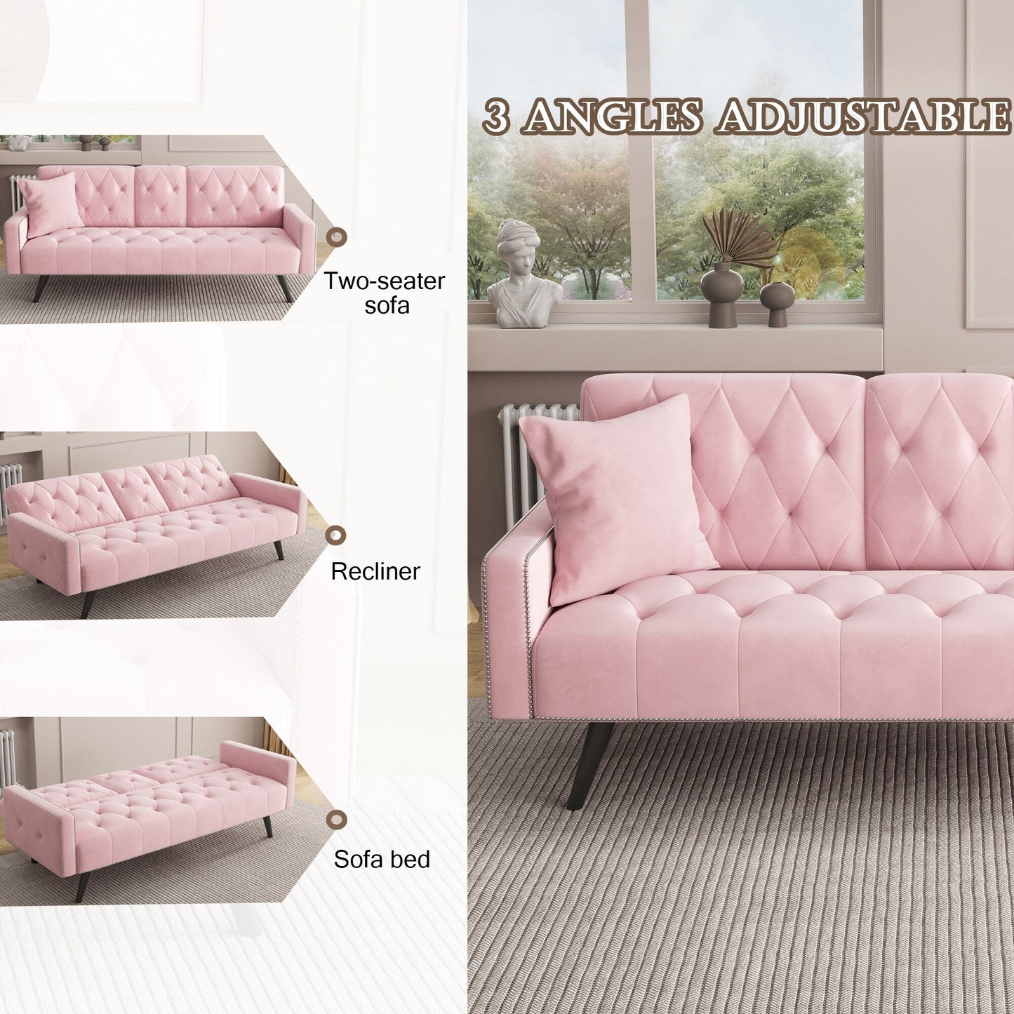 Pink 72 Velvet 3-seater Sofa Bed with Nailhead and Cup Holders for Living Room
