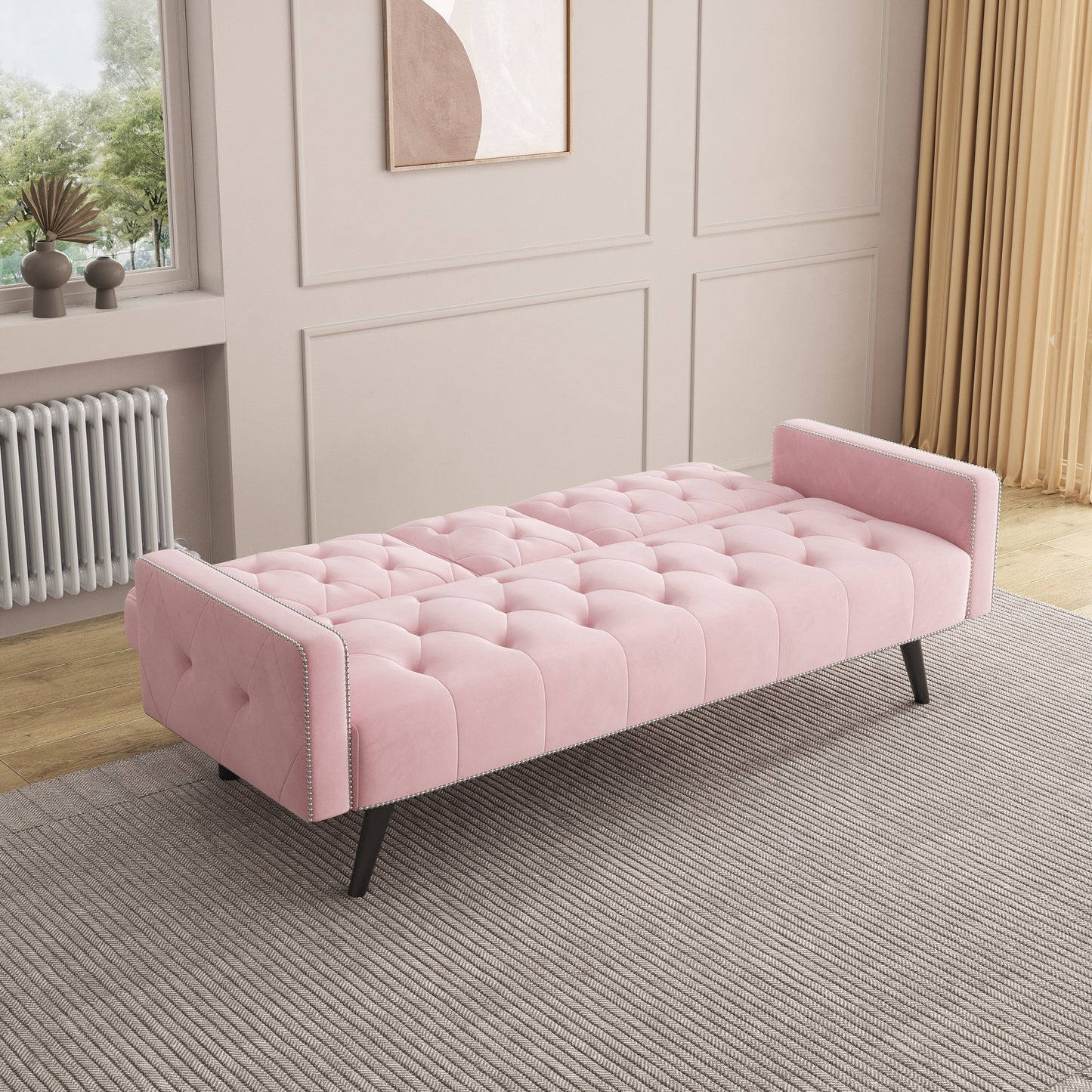 Pink 72 Velvet 3-seater Sofa Bed with Nailhead and Cup Holders for Living Room