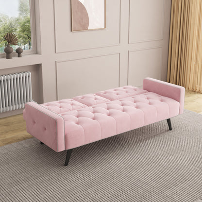 Pink 72 Velvet 3-seater Sofa Bed with Nailhead and Cup Holders for Living Room