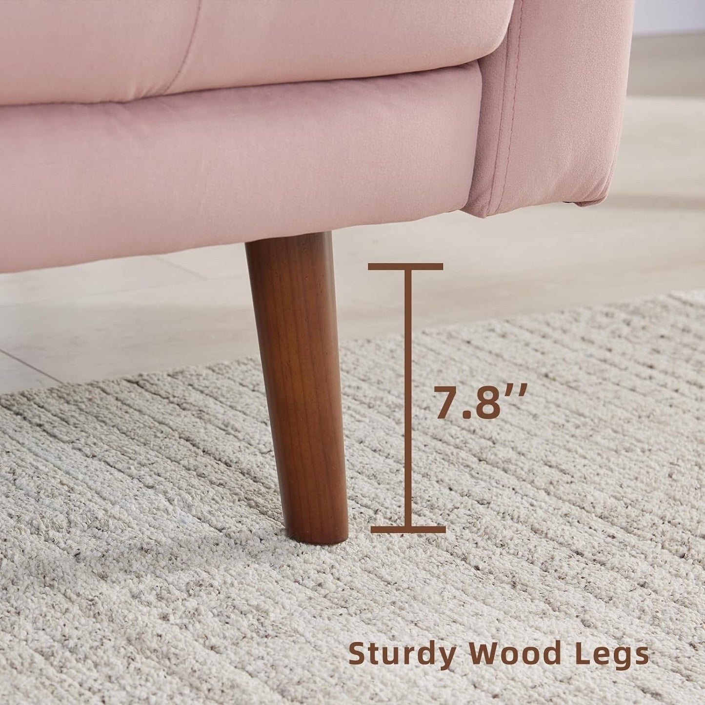 Pink 74'' Fabric Sofa with Storage Pockets and Solid Wood Legs