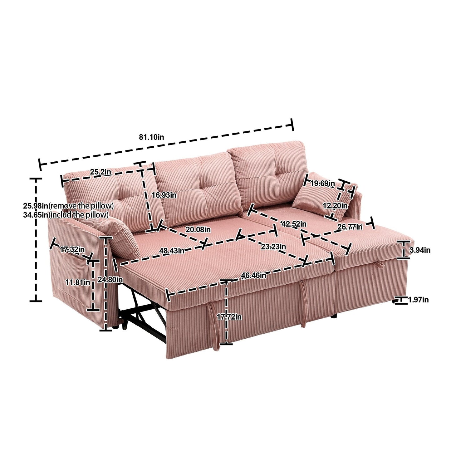 Pink 81.1'' L-Shaped Sofa with Reversible Chaise and Storage