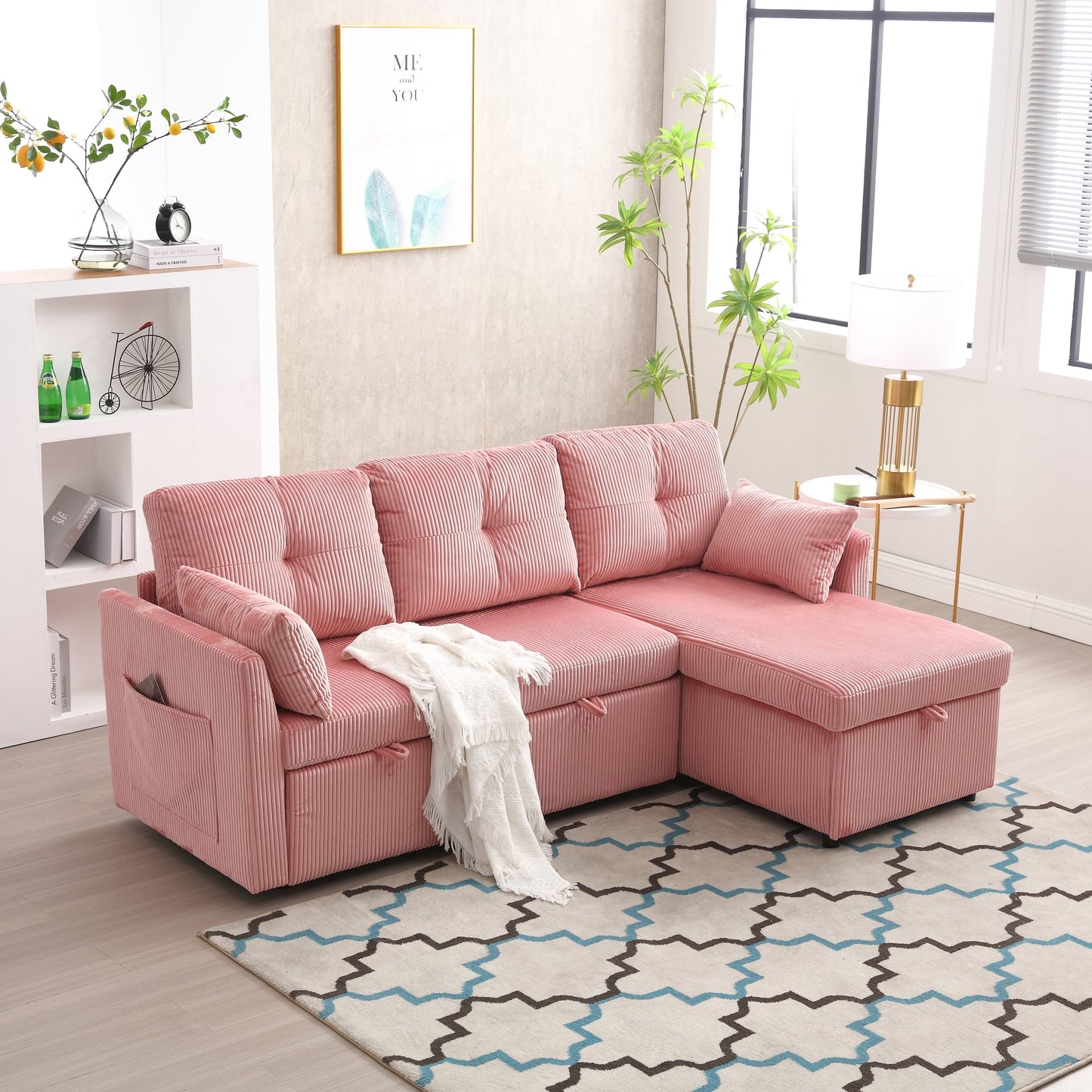 Pink 81.1'' L-Shaped Sofa with Reversible Chaise and Storage