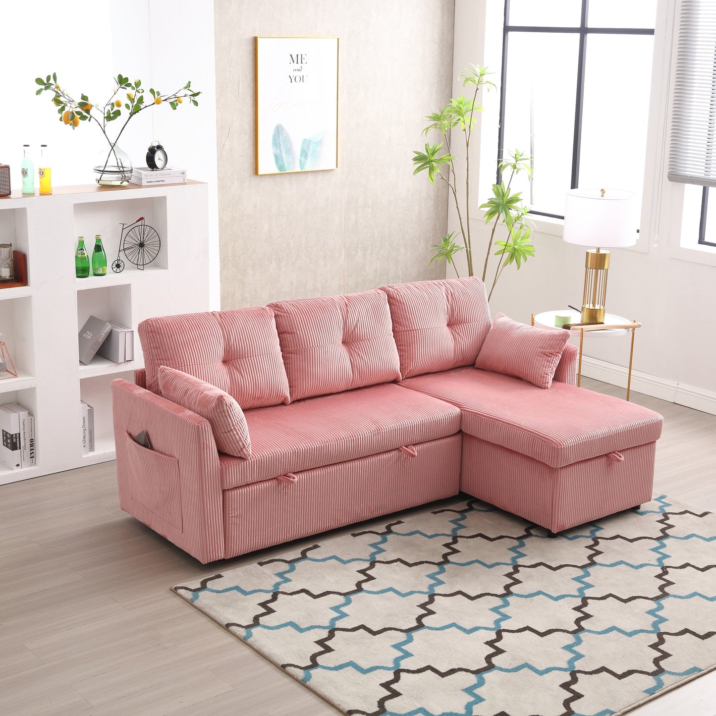 Pink 81.1'' L-Shaped Sofa with Reversible Chaise and Storage