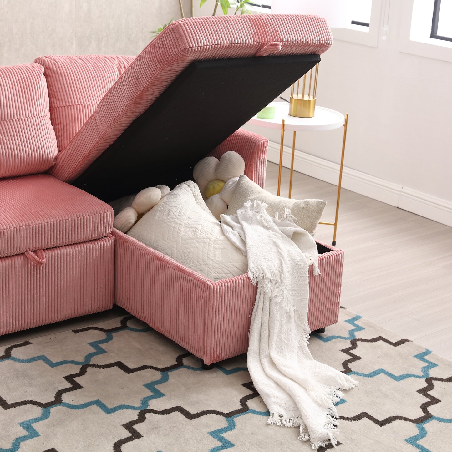 Pink 81.1'' L-Shaped Sofa with Reversible Chaise and Storage