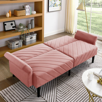 Pink 87 Velvet Tufted Convertible Futon Sofa Bed with Adjustable Armrests for Living Room