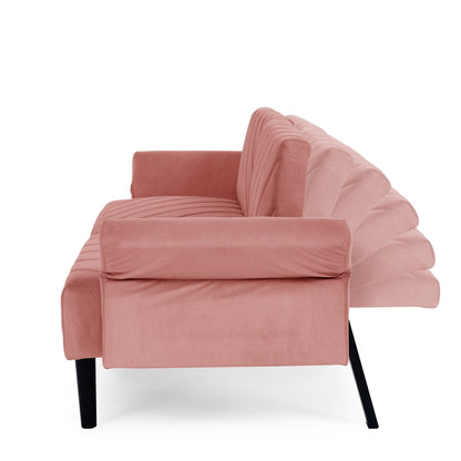 Pink 87 Velvet Tufted Convertible Futon Sofa Bed with Adjustable Armrests for Living Room
