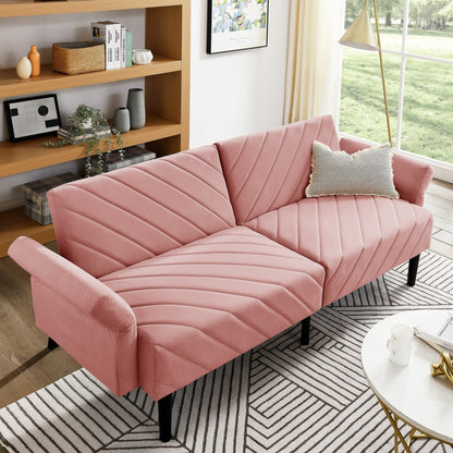 Pink 87 Velvet Tufted Convertible Futon Sofa Bed with Adjustable Armrests for Living Room