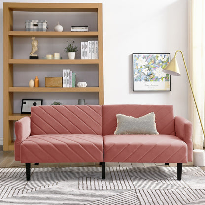 Pink 87 Velvet Tufted Convertible Futon Sofa Bed with Adjustable Armrests for Living Room