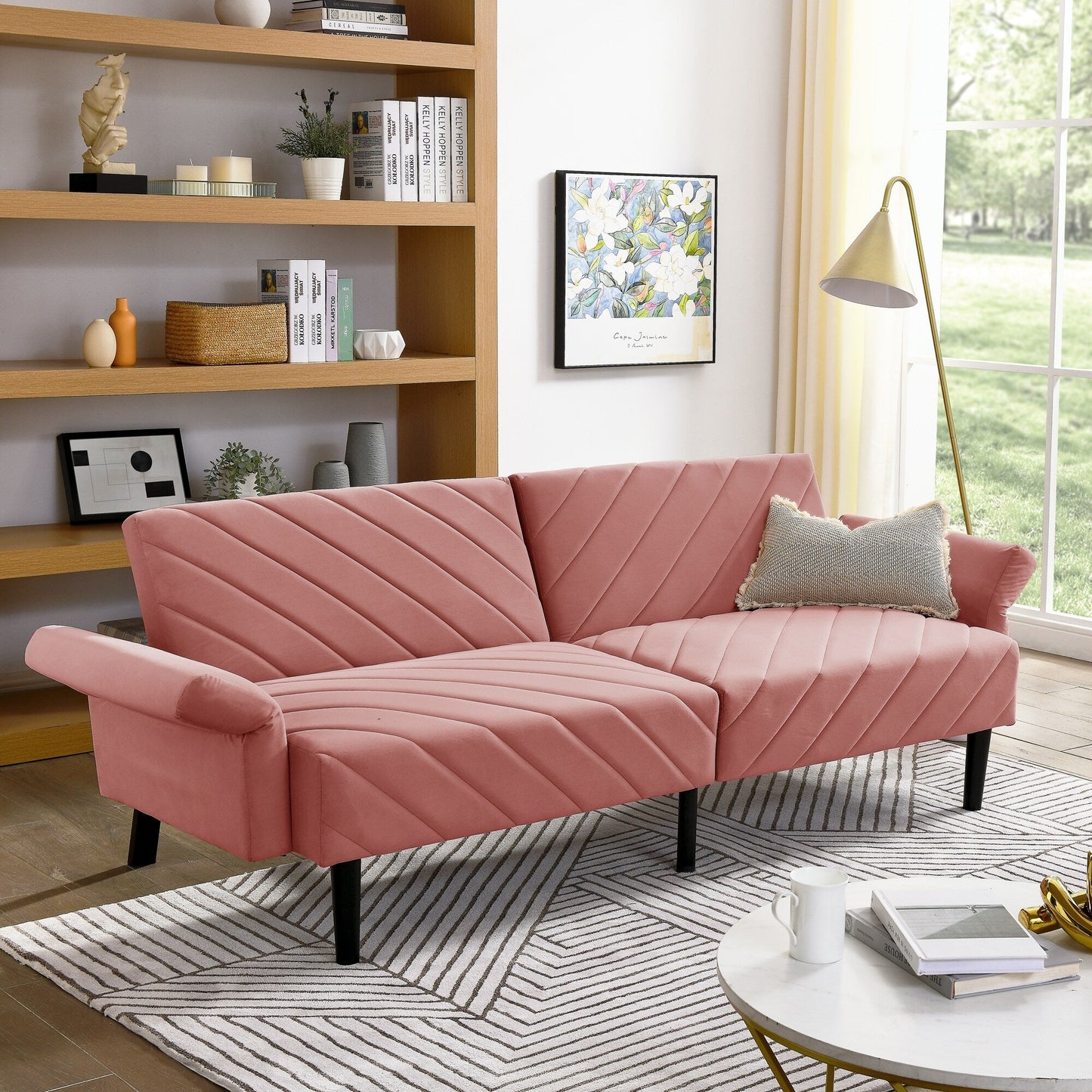 Pink 87 Velvet Tufted Convertible Futon Sofa Bed with Adjustable Armrests for Living Room